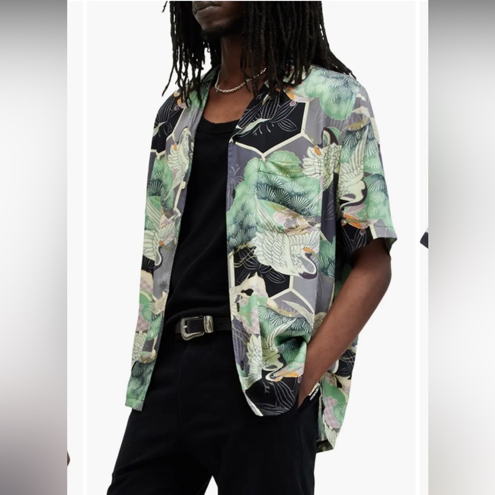 AllSaints Naga Print Camp Shirt
Color: Pearl Grey